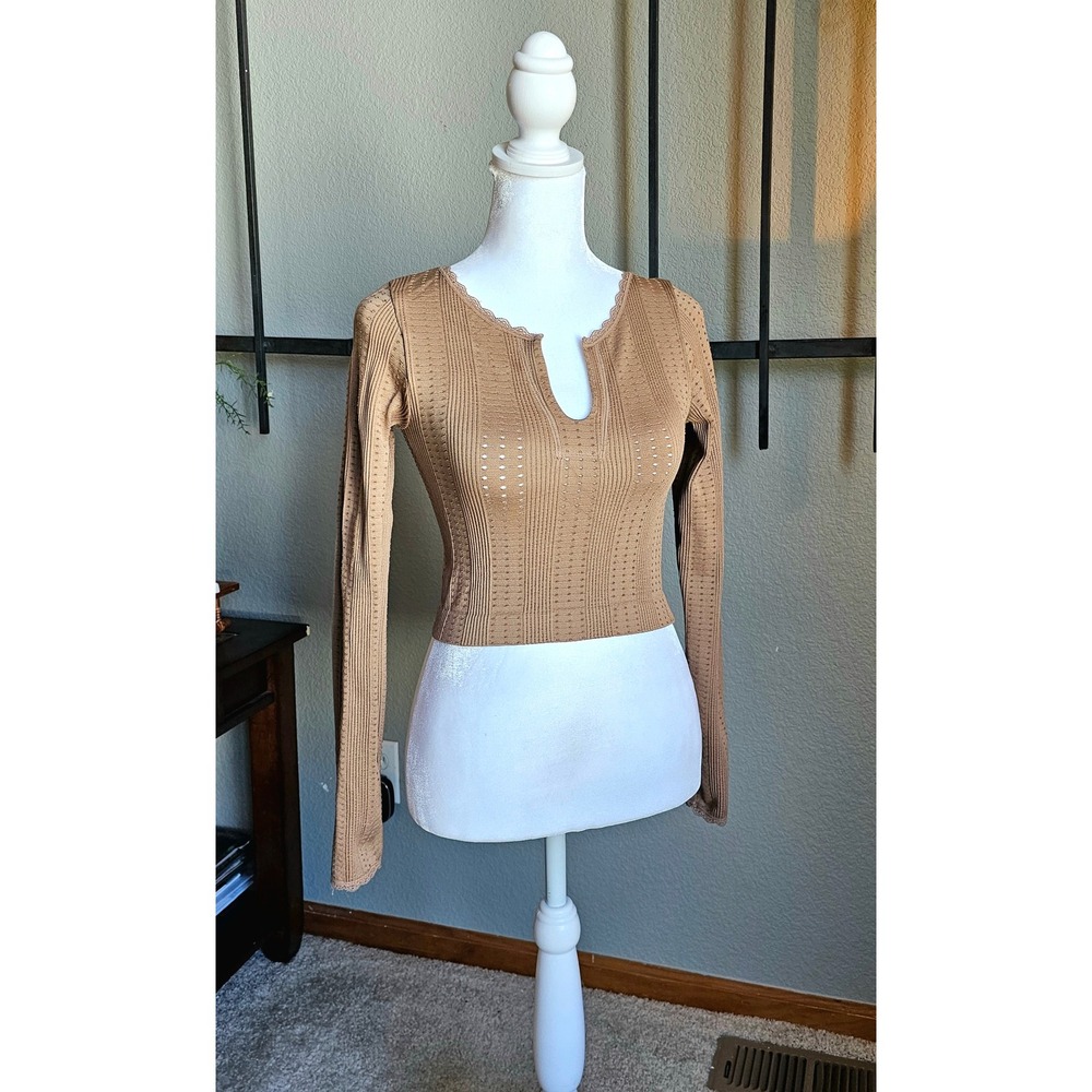 Altar'd State Intimates Top Womens XS/S Tan Pointelle Lace Trim Notched Cropped